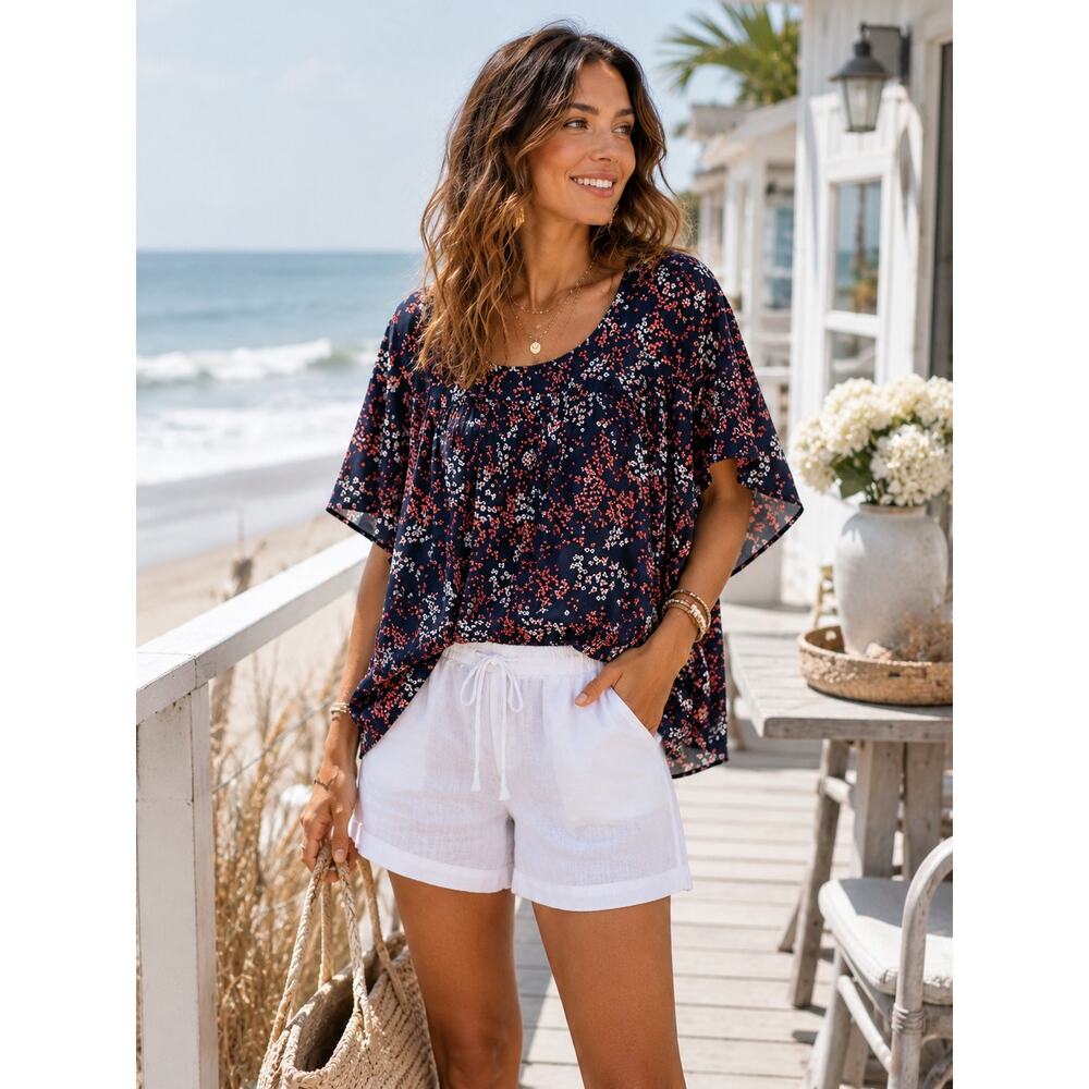 Michael Kors Navy Floral Peasant Blouse Flutter Sleeve Feminine Top Women’s Sz M